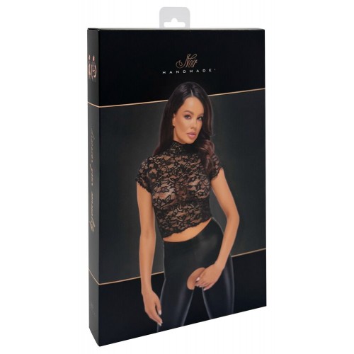 Top corto in pizzo floreale con collo...