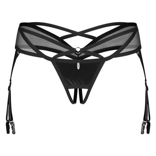 Perizoma con reggicalze nero lucido a...
