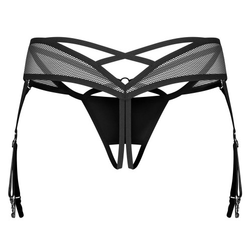 Perizoma con reggicalze nero lucido a...